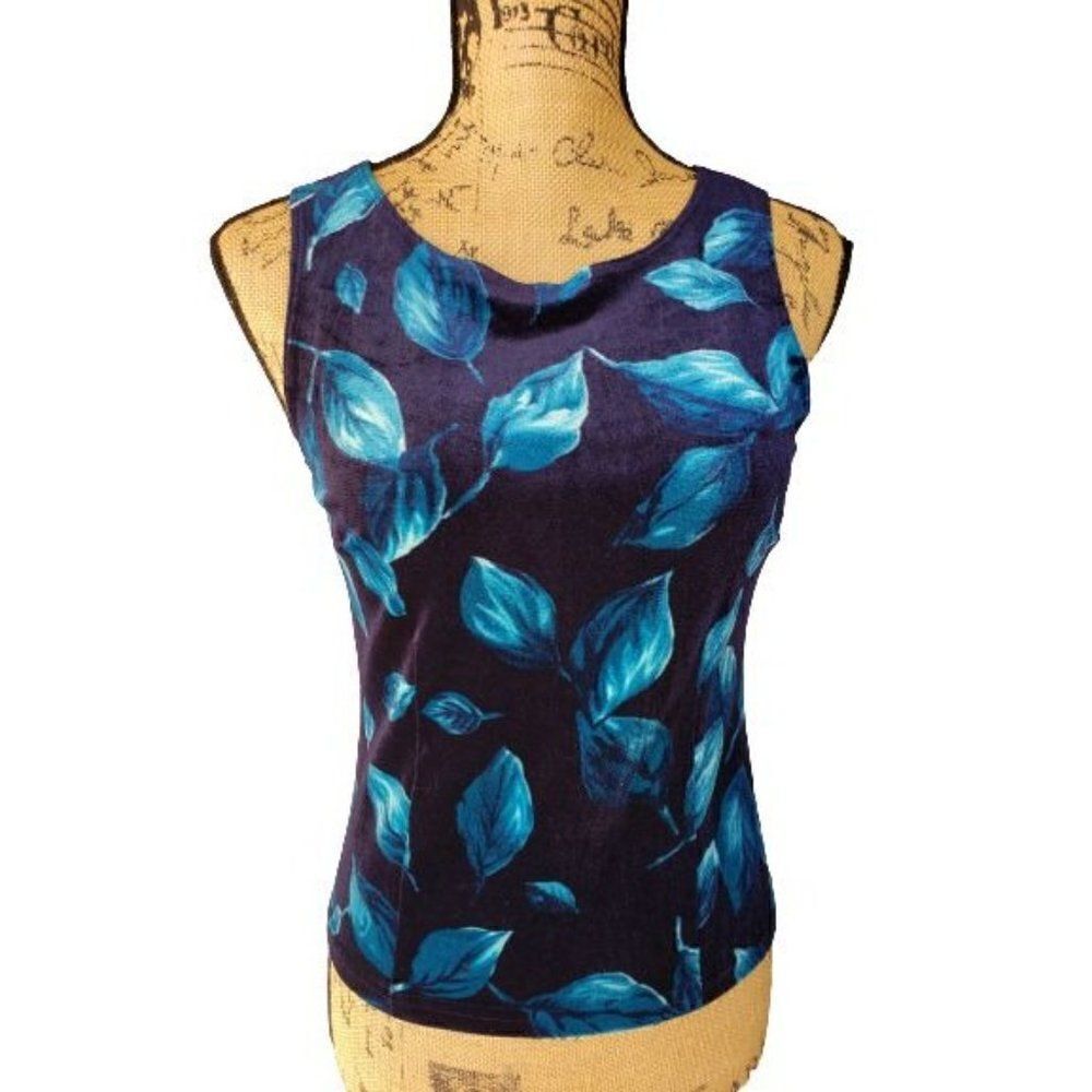 Women's Sleeveless Blouse Velvet Blue Leaves Print Vintage Blouson Small